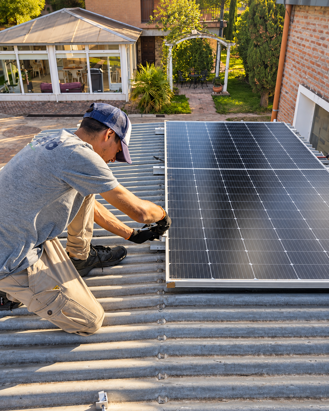 Técnico de Offgrid trabajando en la instalación de un inversor solar.