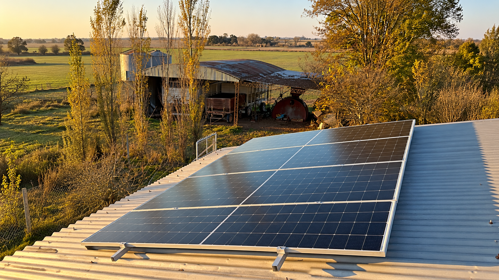 Paneles solares sobre un galpón en un establecimiento rural.