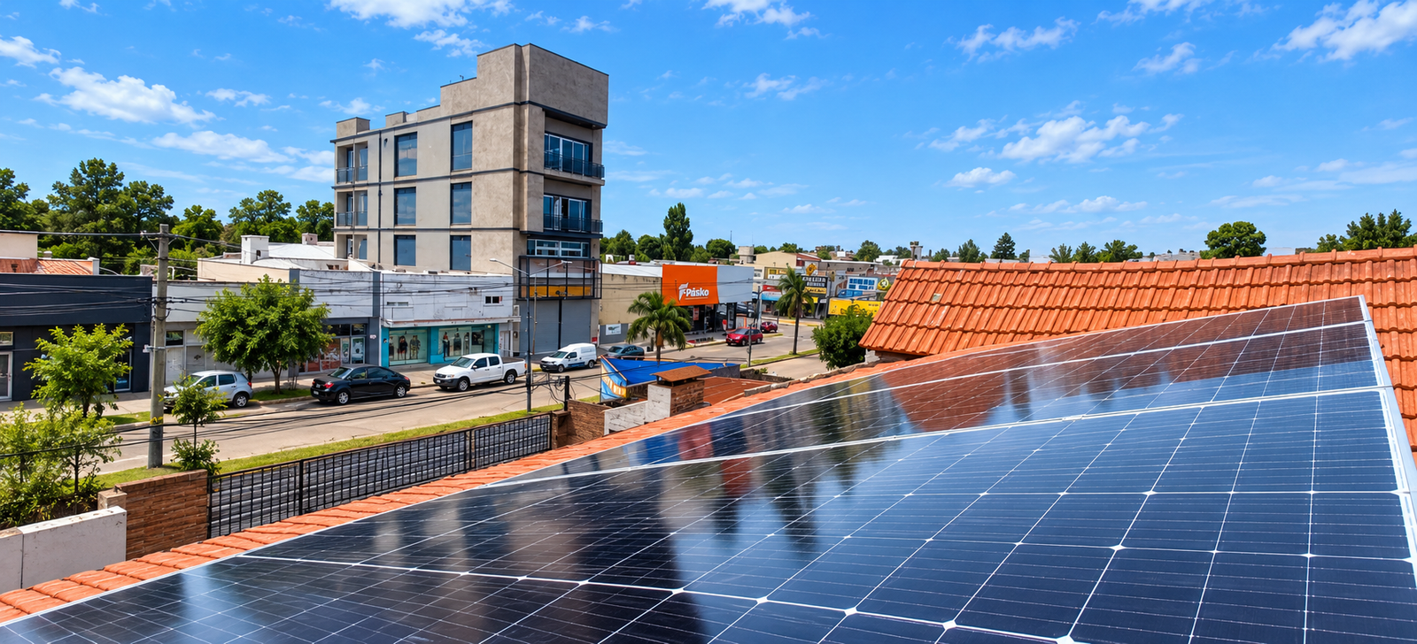 Vivienda residencial con paneles solares en el techo.